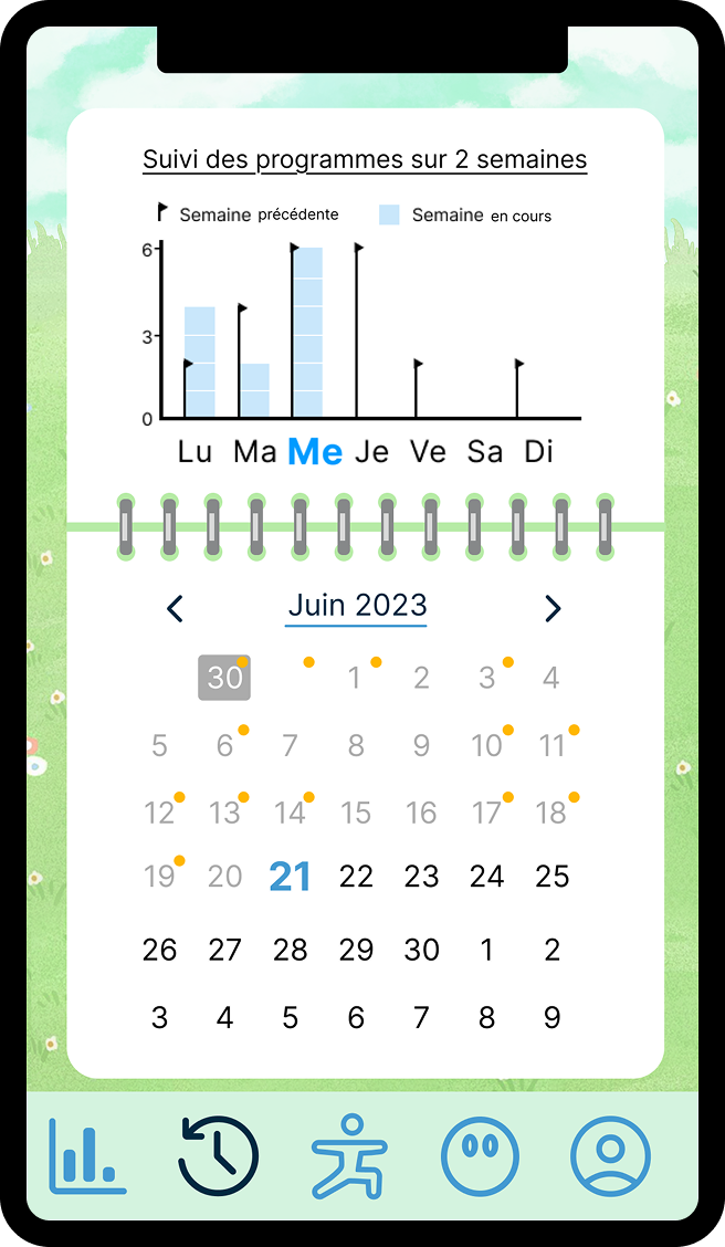 Etape 6 du programme MEASANA : Représentation de l'écran de suivi des routines physiques de l'application mobile MATVISIO Omnes.
